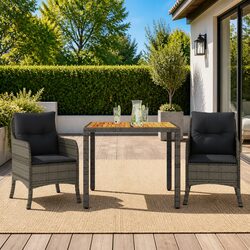3 Piece Garden Dining Set Grey PE Rattan Outdoor Furniture with Cushions