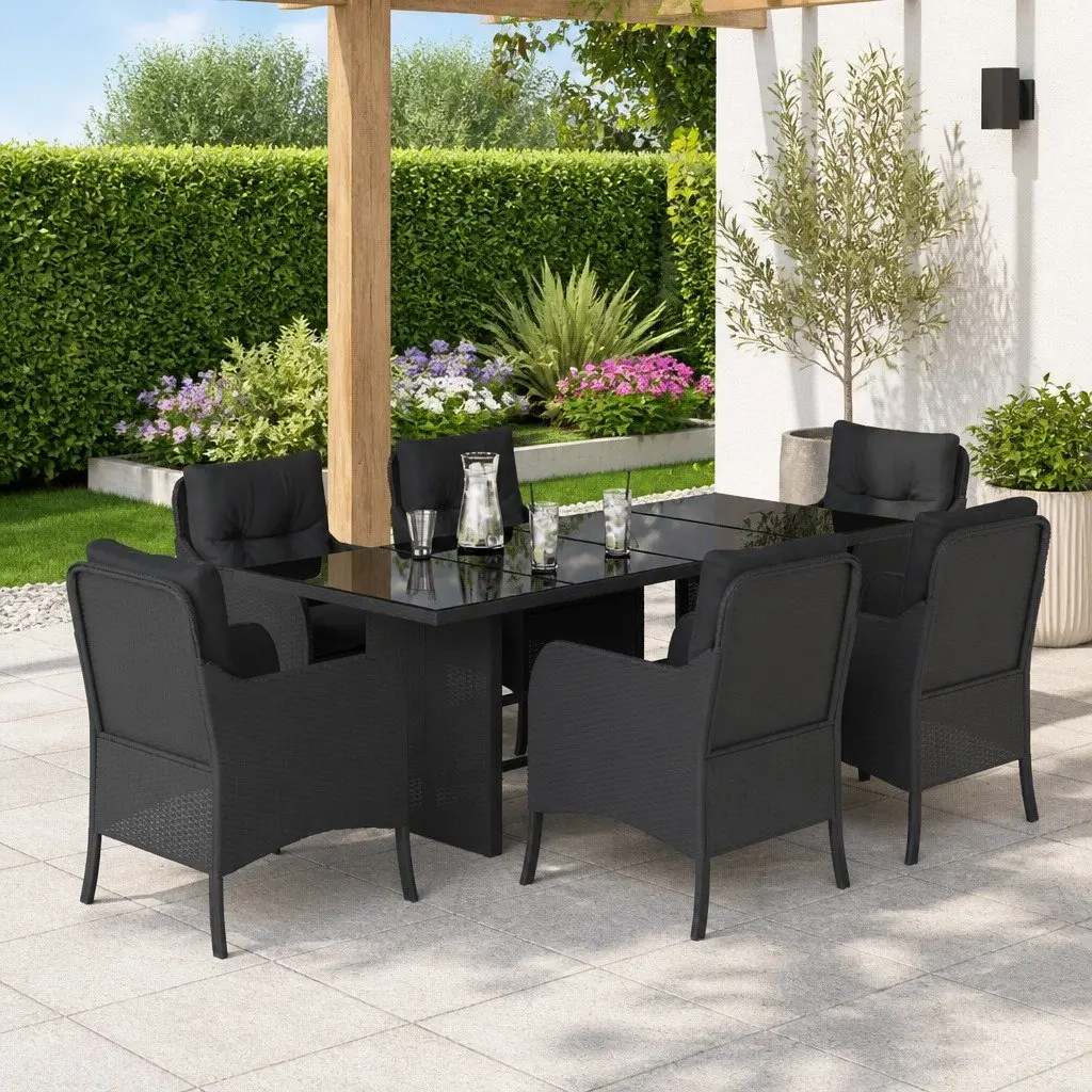 7 Piece Outdoor Dining Set Black Poly Rattan with Cushions and Tempered Glass Top