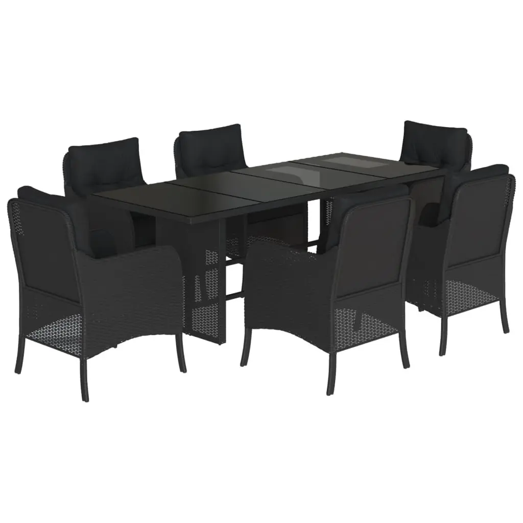 7 Piece Outdoor Dining Set Black Poly Rattan with Cushions and Tempered Glass Top
