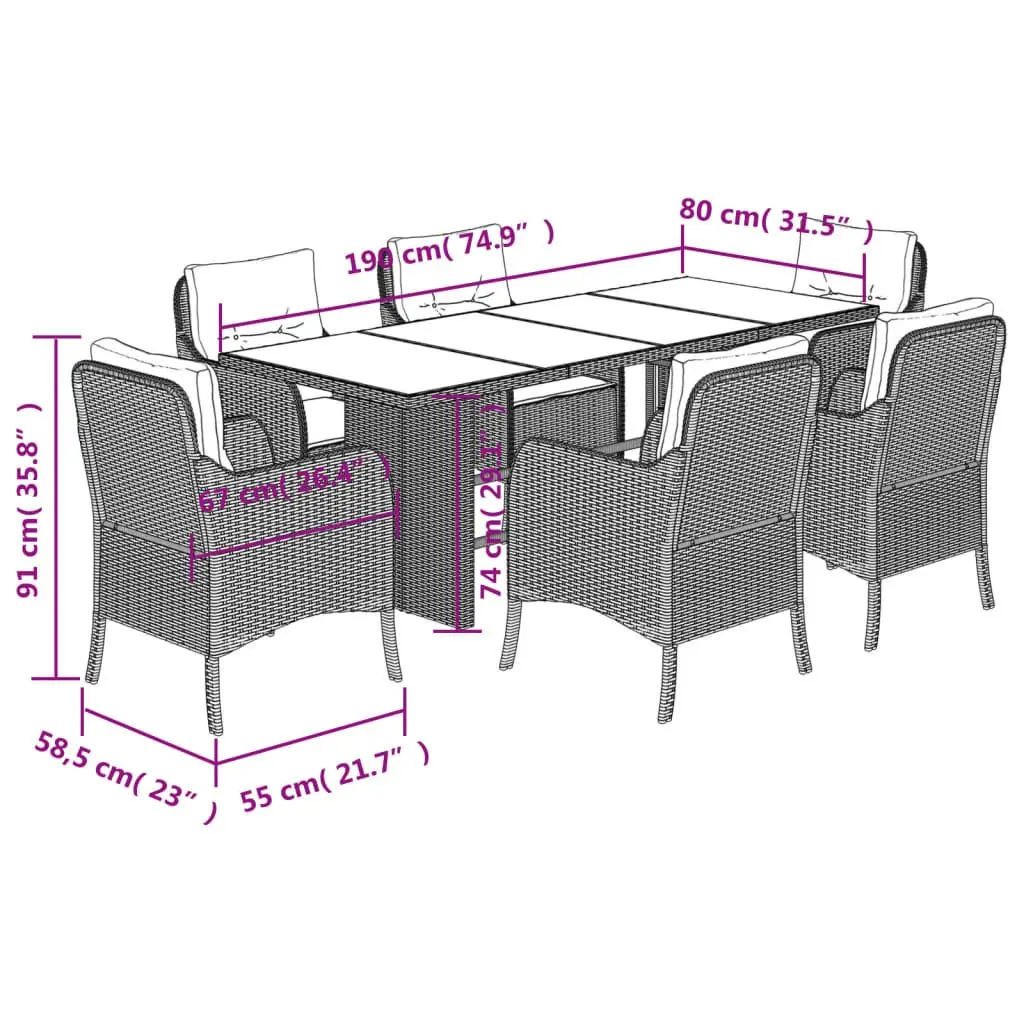 7 Piece Outdoor Dining Set Black Poly Rattan with Cushions and Tempered Glass Top