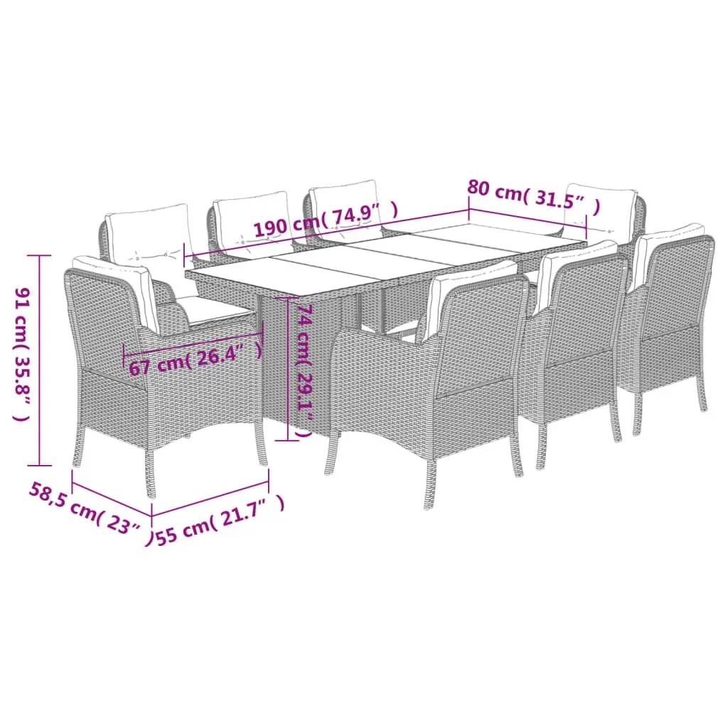 Outdoor Dining Set 9 Piece Garden Furniture Grey Poly Rattan Patio Chairs Table