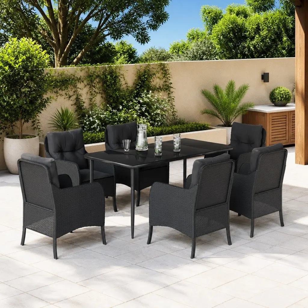 Outdoor Dining Set 7 Piece Garden Patio Furniture Black Poly Rattan with Cushions