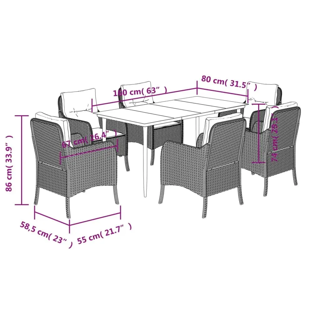Outdoor Dining Set 7 Piece Garden Patio Furniture Black Poly Rattan with Cushions