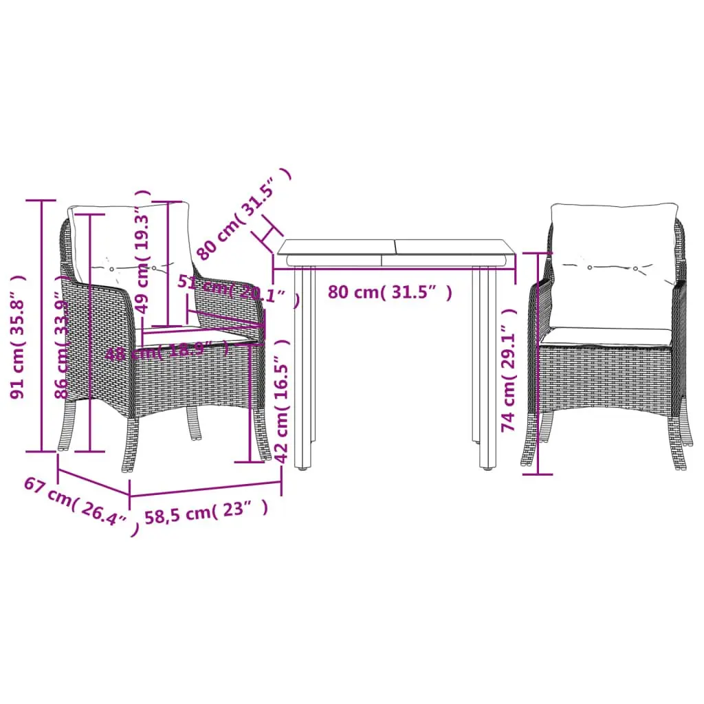 Outdoor Dining Set Black Poly Rattan 3 Piece with Cushions
