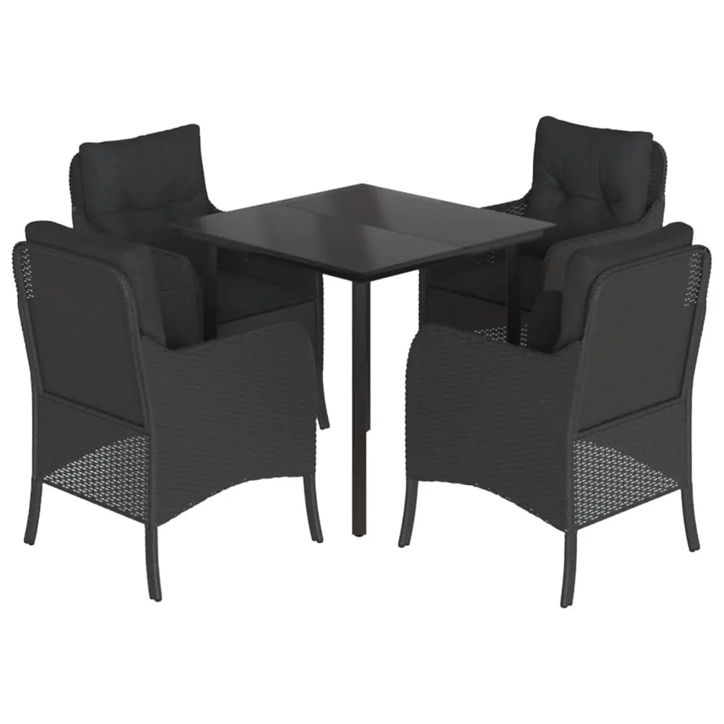 Garden Dining Set Black 5 Piece Outdoor Furniture with Poly Rattan Chairs and Tempered Glass Table