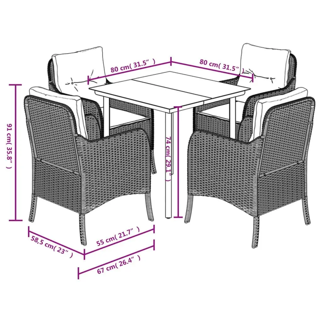 Garden Dining Set Black 5 Piece Outdoor Furniture with Poly Rattan Chairs and Tempered Glass Table