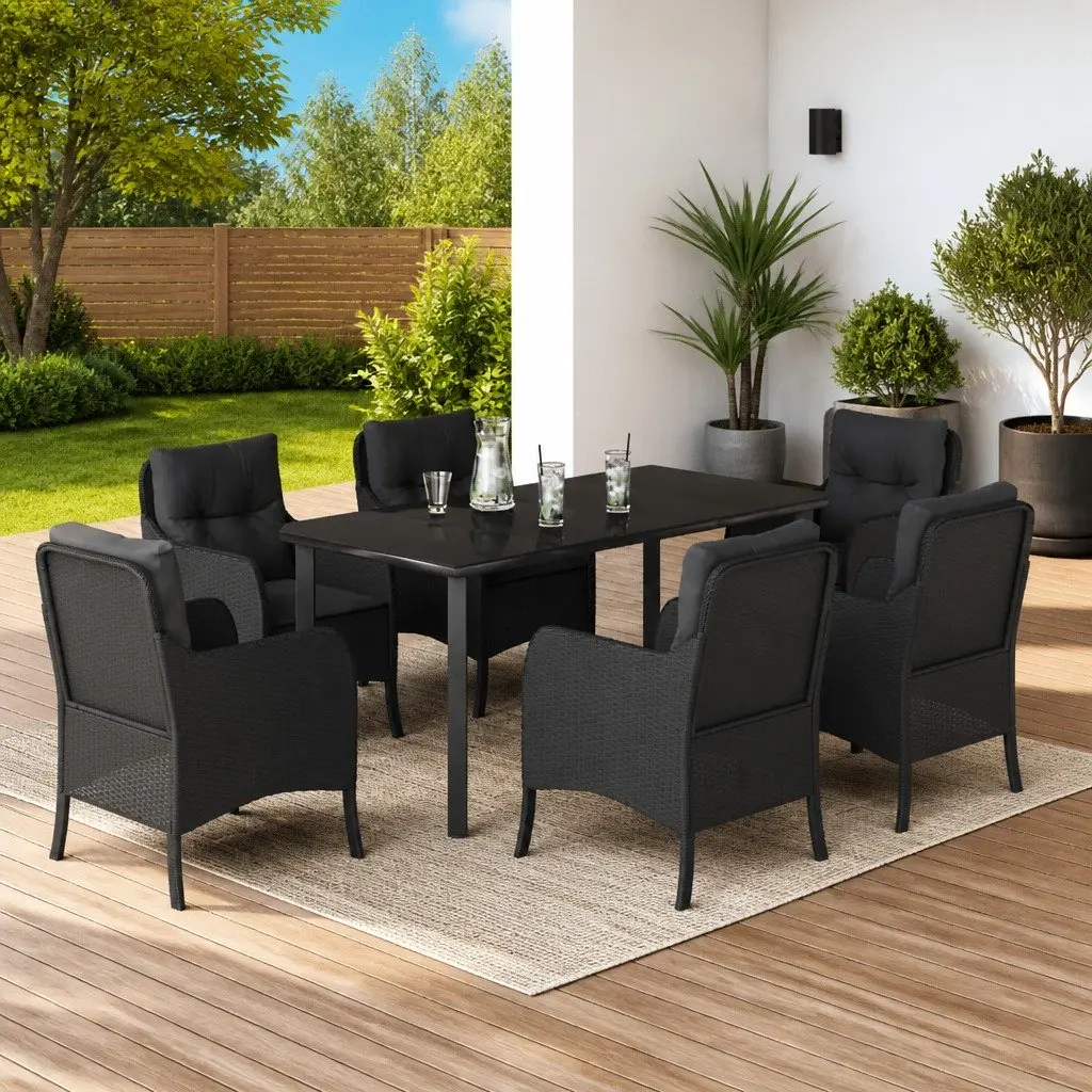 Outdoor Dining Set 7 Piece Black Poly Rattan with Cushions