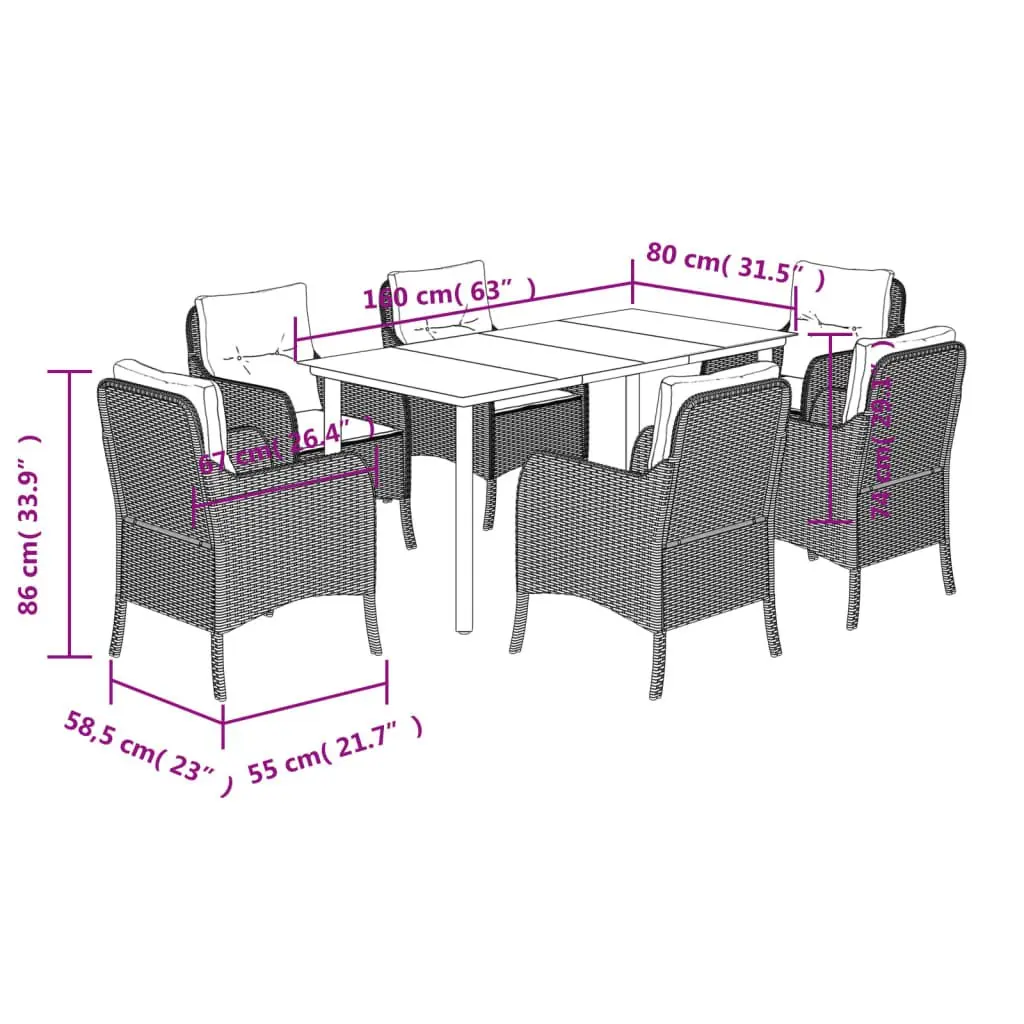 Outdoor Dining Set 7 Piece Black Poly Rattan with Cushions