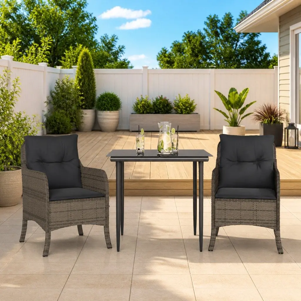 Garden Dining Set Grey 3 Piece Outdoor Furniture with Cushions PE Rattan
