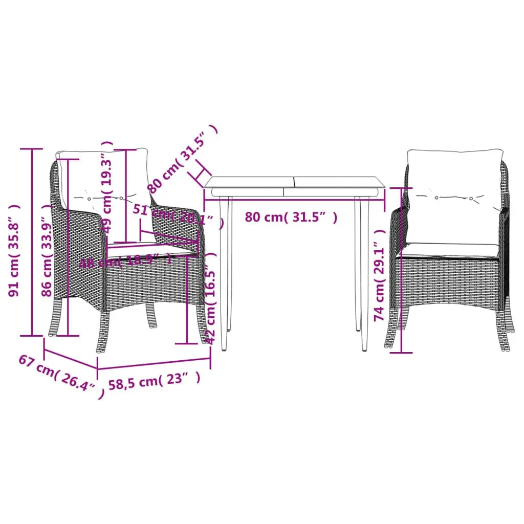 Garden Dining Set Grey 3 Piece Outdoor Furniture with Cushions PE Rattan