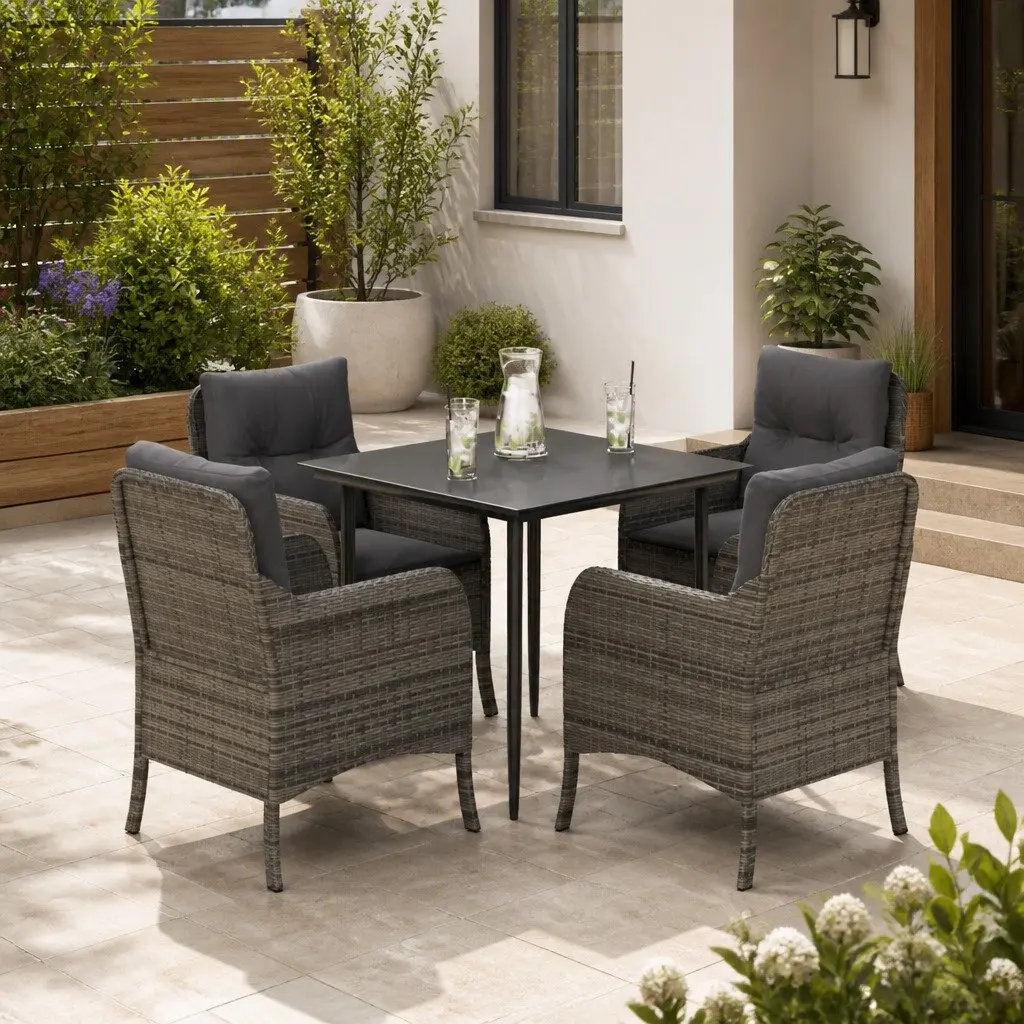 Garden Dining Set 5 Piece Outdoor Furniture Grey PE Rattan Table Chairs Cushions