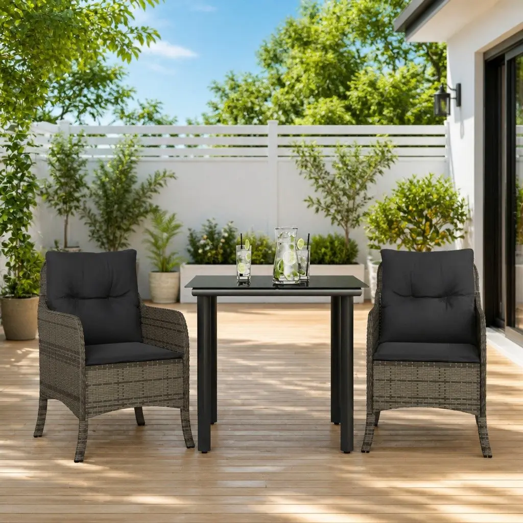 Outdoor Dining Set Grey Poly Rattan 3 Piece Garden Furniture Table Chairs
