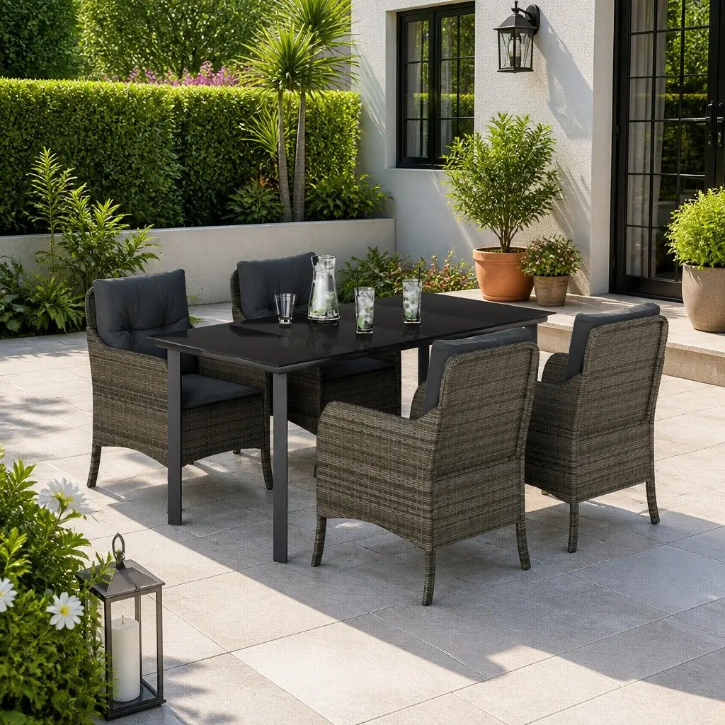 Outdoor Garden Dining Set 5 Piece PE Rattan Grey Table Chairs with Cushions