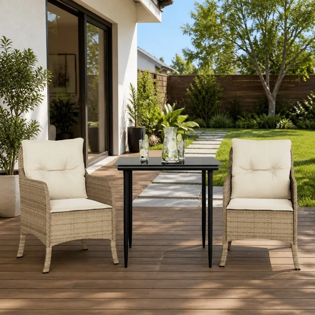 Outdoor Dining Set Beige Poly Rattan 3 Piece with Cushions