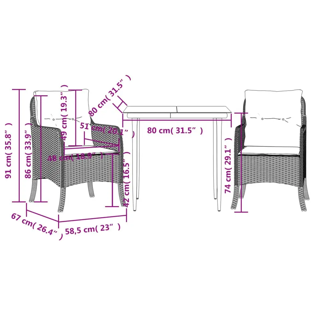 Outdoor Dining Set Beige Poly Rattan 3 Piece with Cushions