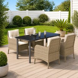 5 Piece Garden Dining Set Outdoor Furniture Beige Cushions Poly Rattan Table