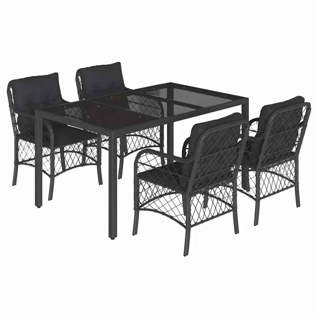 Outdoor Dining Set Black Poly Rattan 5 Piece with Cushions