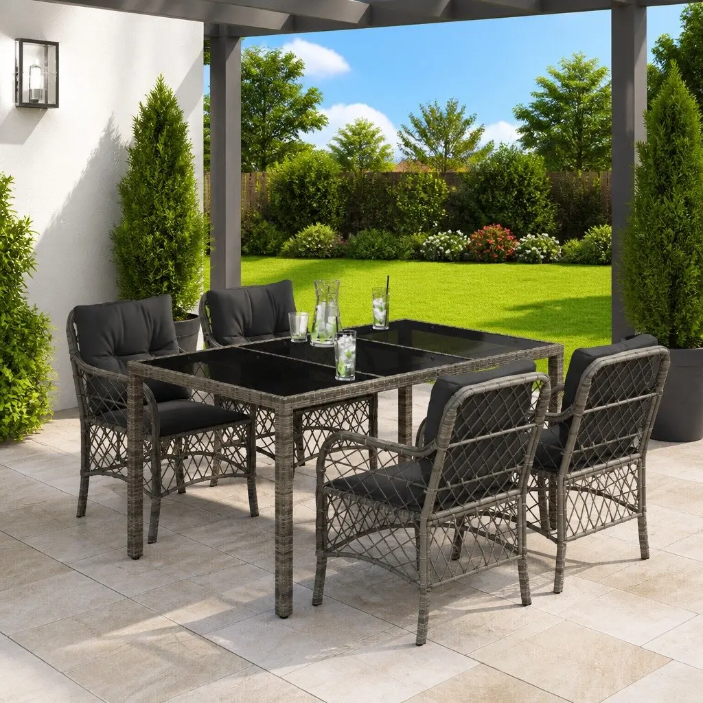 Outdoor Dining Set Grey Rattan 5 Piece Furniture Cushions Table Chairs