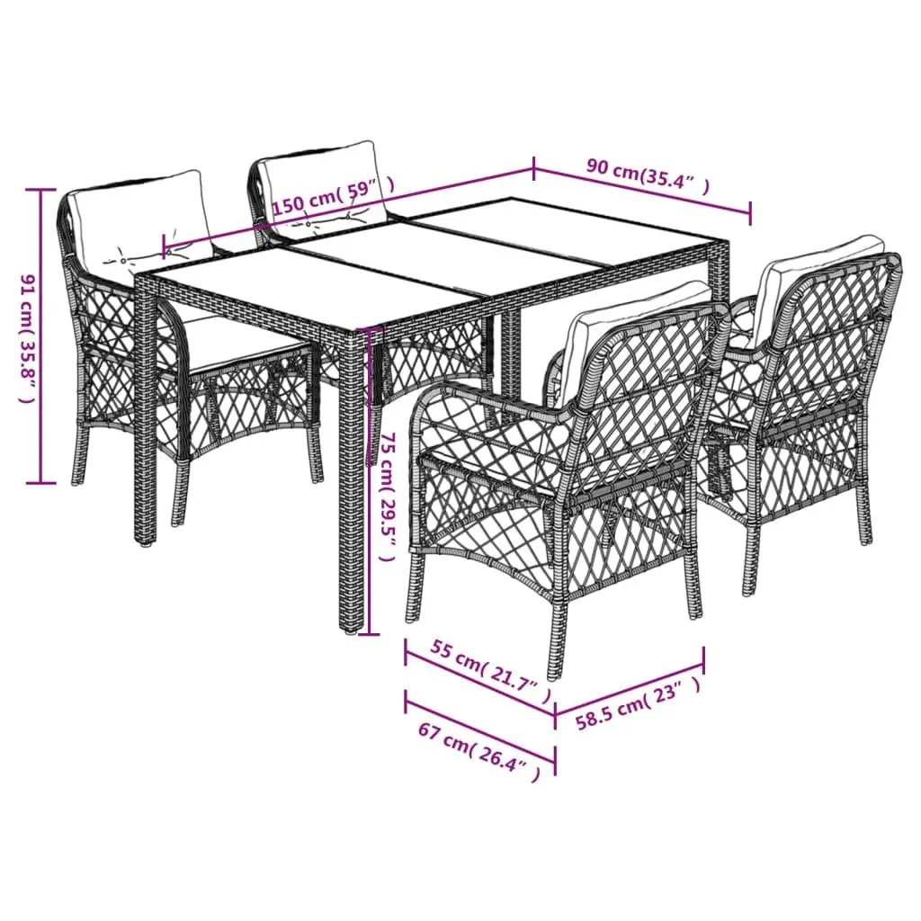 Outdoor Dining Set Grey Rattan 5 Piece Furniture Cushions Table Chairs