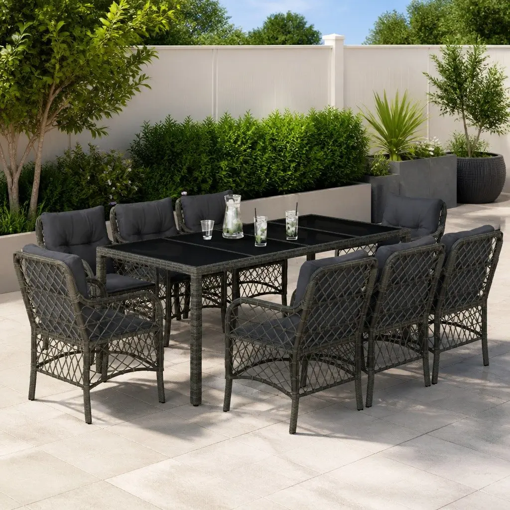 Outdoor Dining Set Grey Poly Rattan 9 Piece with Cushions