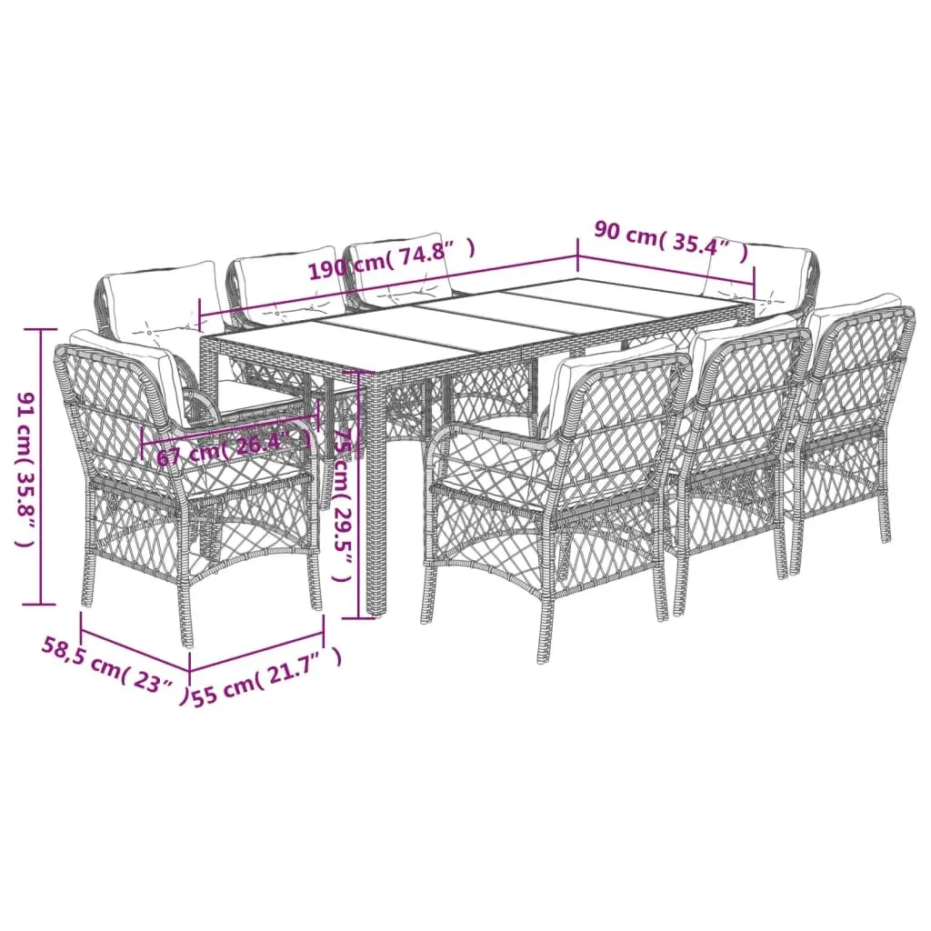 Outdoor Dining Set Grey Poly Rattan 9 Piece with Cushions