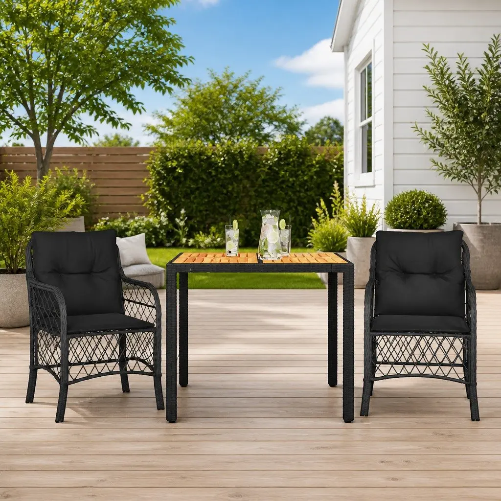Outdoor Bistro Set Black Poly Rattan 3 Piece with Cushions