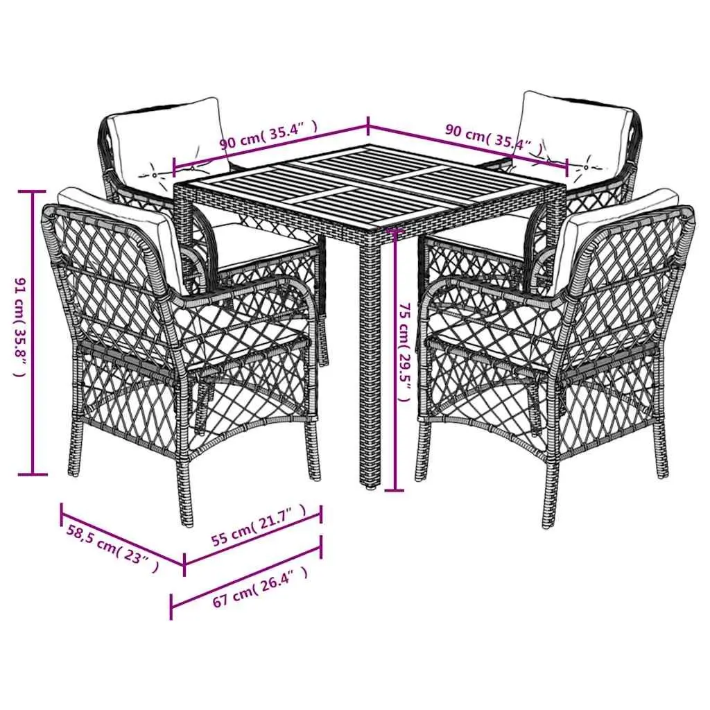 Outdoor Dining Set 5 Piece Black Poly Rattan Garden Furniture with Cushions