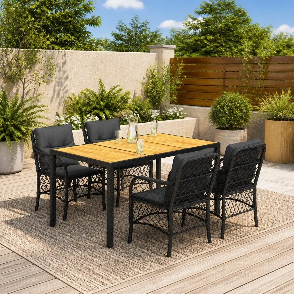 Outdoor Dining Set 5 Piece Black Poly Rattan Table Chairs