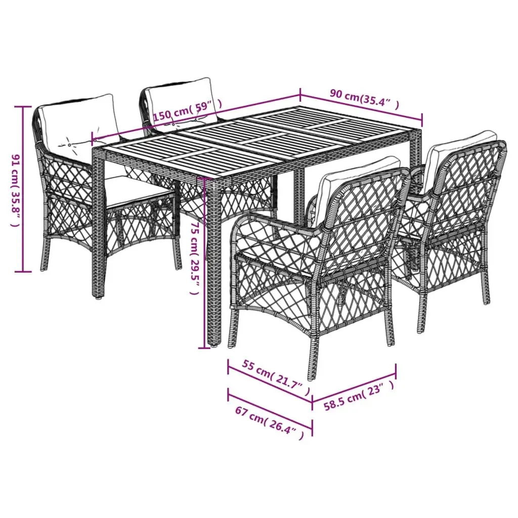 Garden Dining Set Grey Poly Rattan 5 Piece with Cushions Outdoor Furniture Patio Table