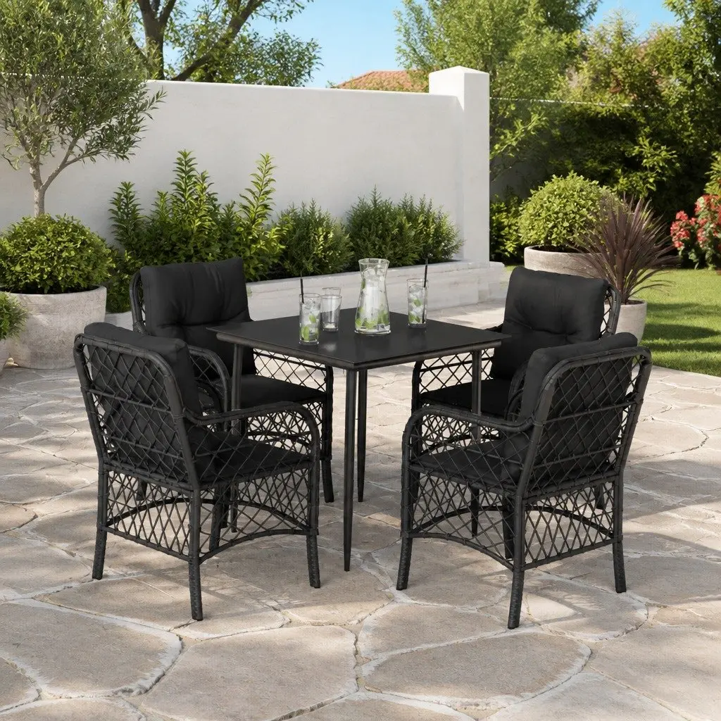 Outdoor Dining Set Black PE Rattan Table with Cushions 5 Piece Garden Patio Furniture