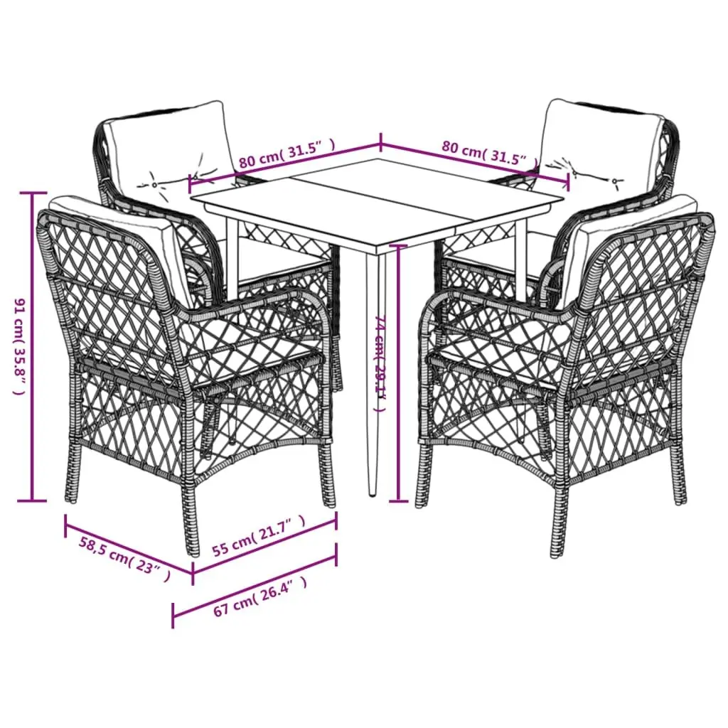 Outdoor Dining Set Black PE Rattan Table with Cushions 5 Piece Garden Patio Furniture