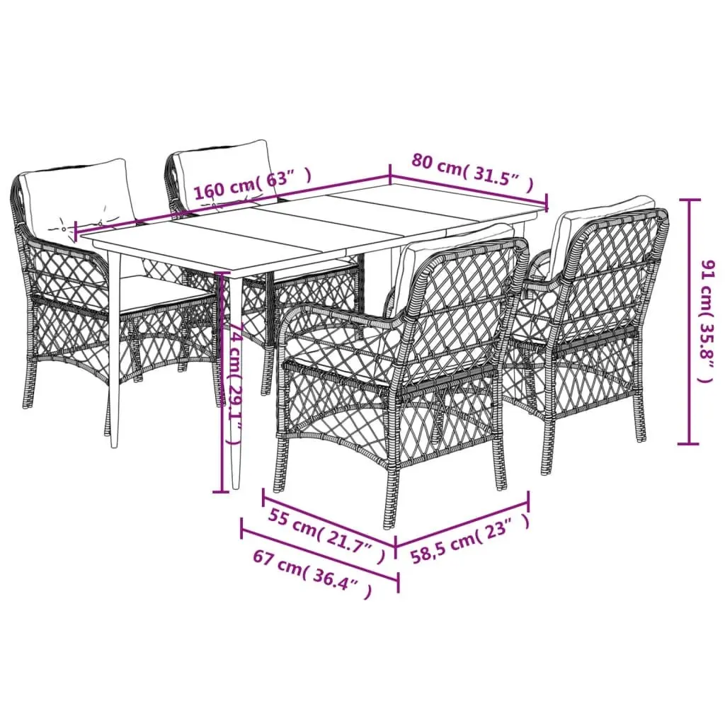 Outdoor Dining Set Black Poly Rattan 5 Piece with Cushions