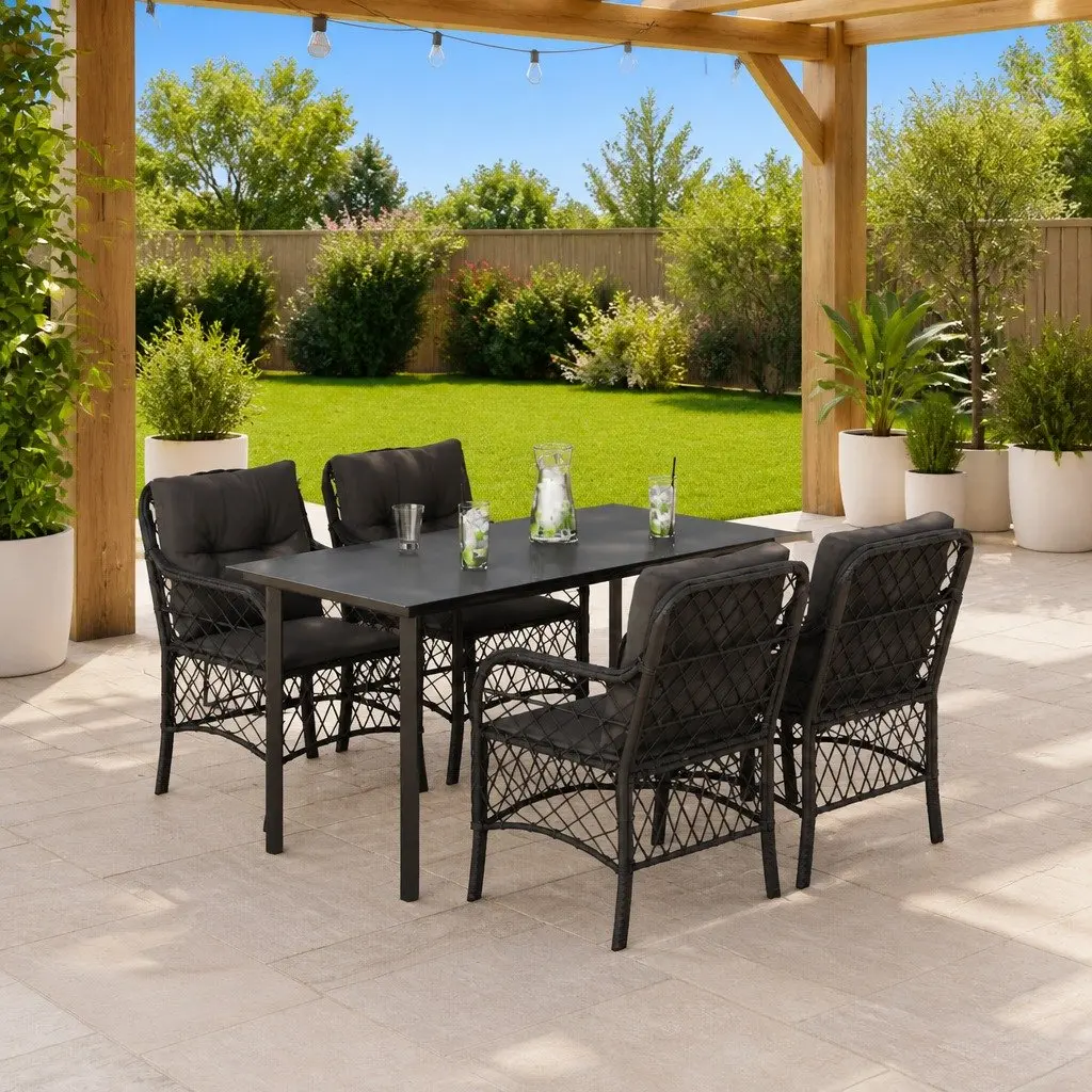5 Piece Garden Dining Set PE Rattan Frame Tempered Glass Tabletop Black
