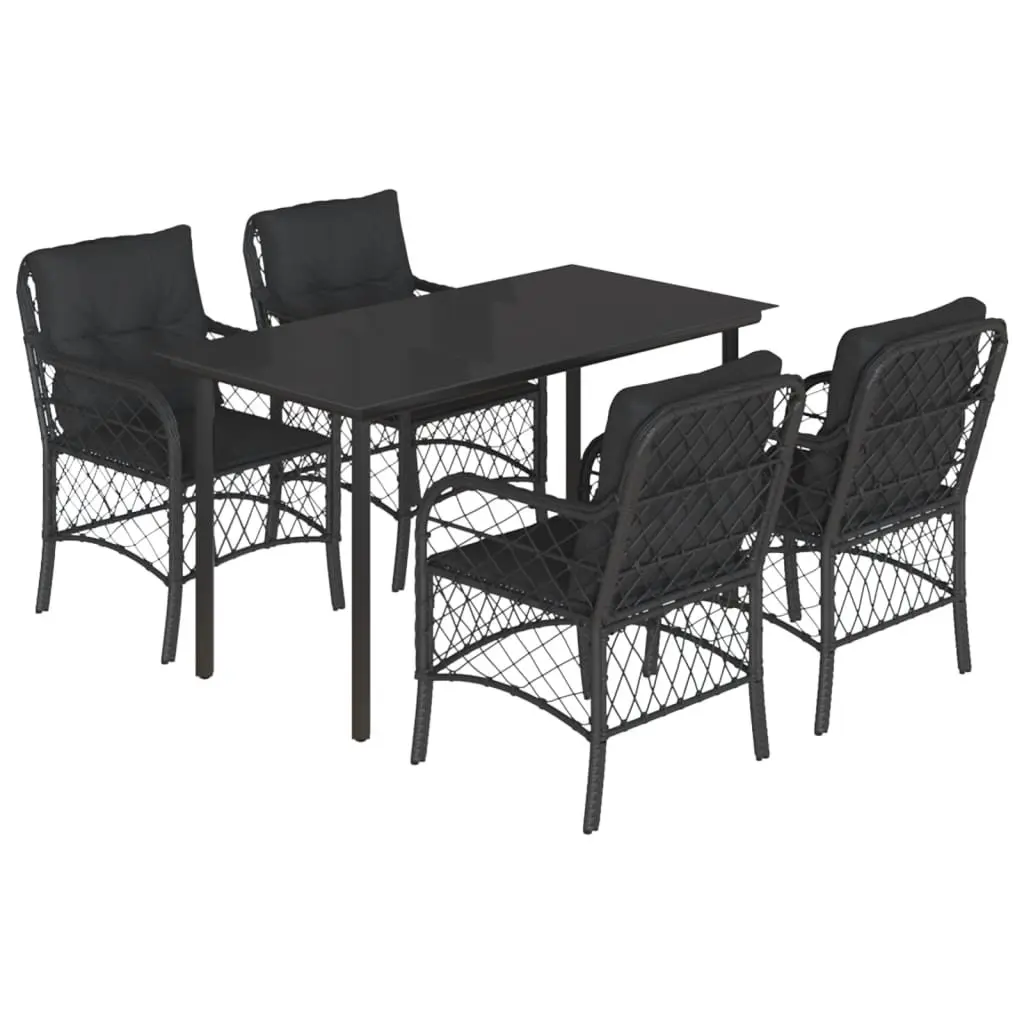 5 Piece Garden Dining Set PE Rattan Frame Tempered Glass Tabletop Black