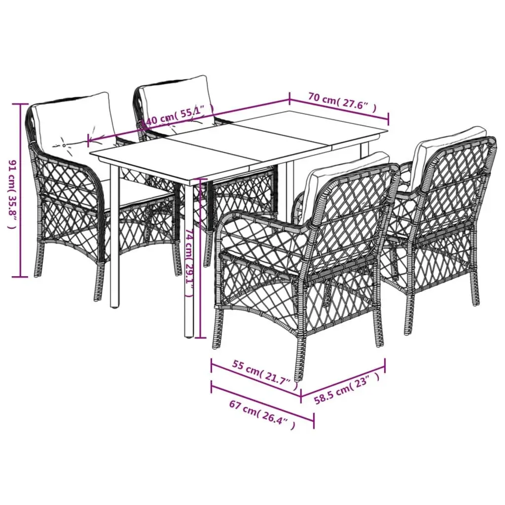 5 Piece Garden Dining Set PE Rattan Frame Tempered Glass Tabletop Black