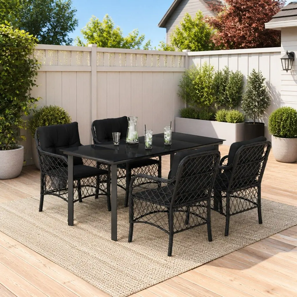 Outdoor Dining Set 5 Piece Black Poly Rattan Garden Furniture with Cushions