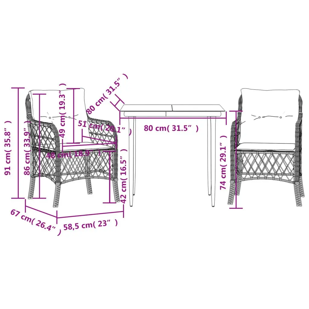 Bistro Set Outdoor Garden Furniture Grey Poly Rattan 3 Piece with Cushions
