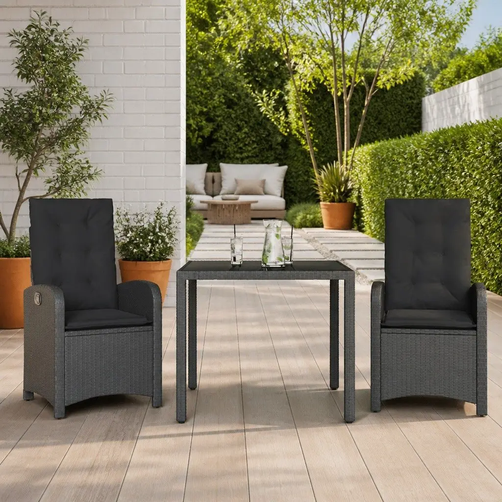 3 Piece Garden Dining Set Cushions Black Poly Rattan Outdoor Furniture