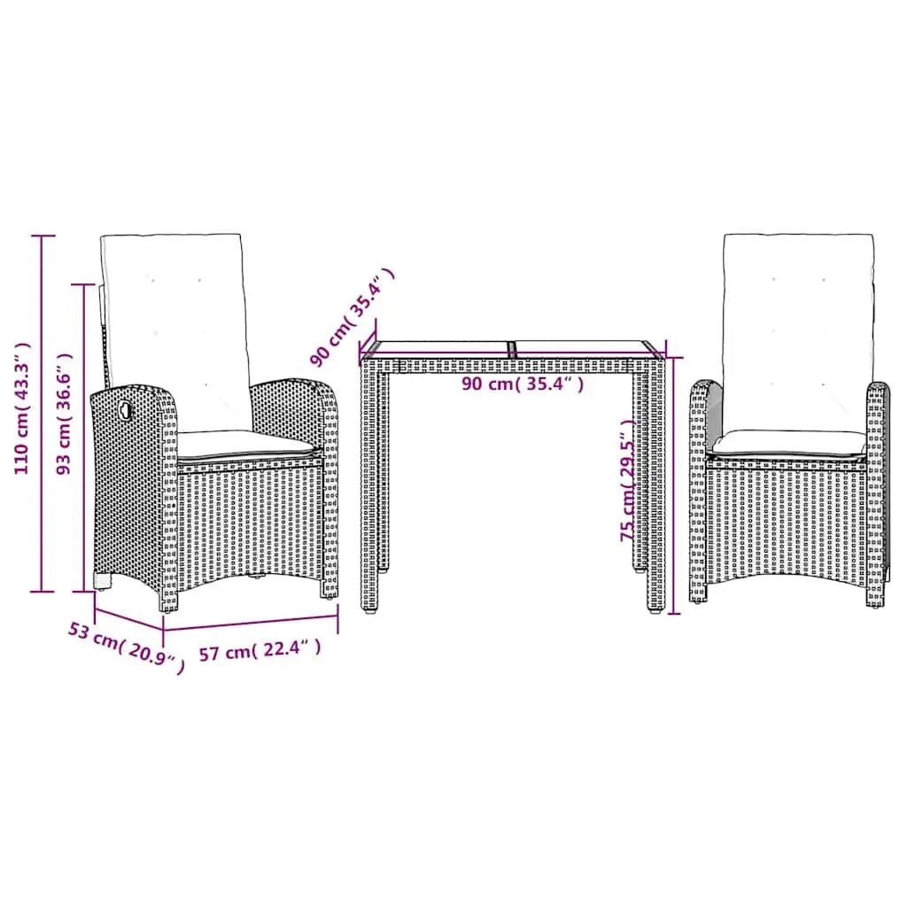 3 Piece Garden Dining Set Cushions Black Poly Rattan Outdoor Furniture