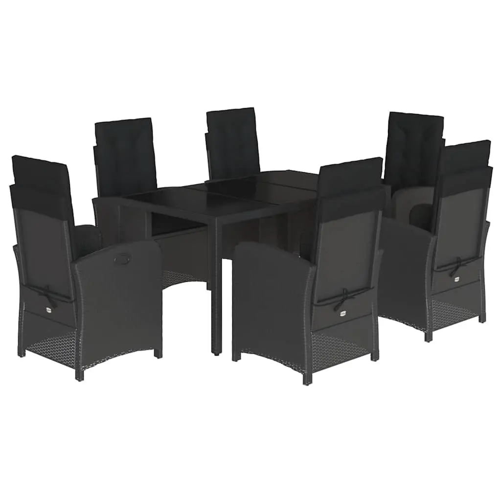 Outdoor Dining Set 7 Piece Black Rattan Chairs with Cushions and Glass Table