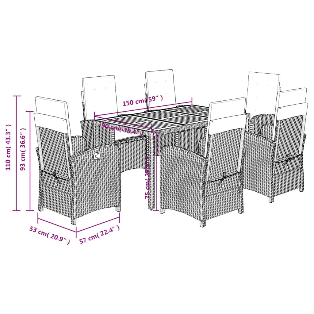 7 Piece Garden Dining Set Outdoor Furniture Black PE Rattan Table Chairs