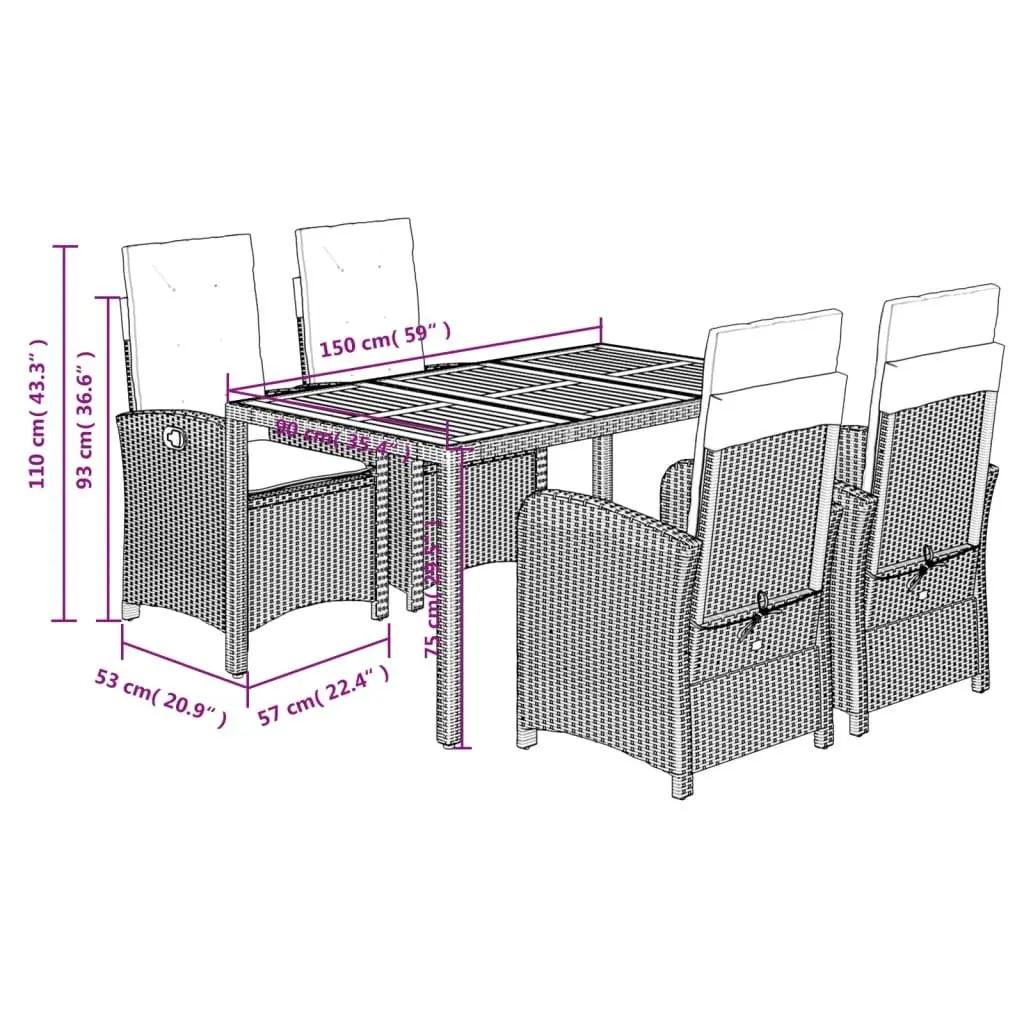 Garden Dining Set Grey Poly Rattan 5 Piece Outdoor Furniture with Cushions Table