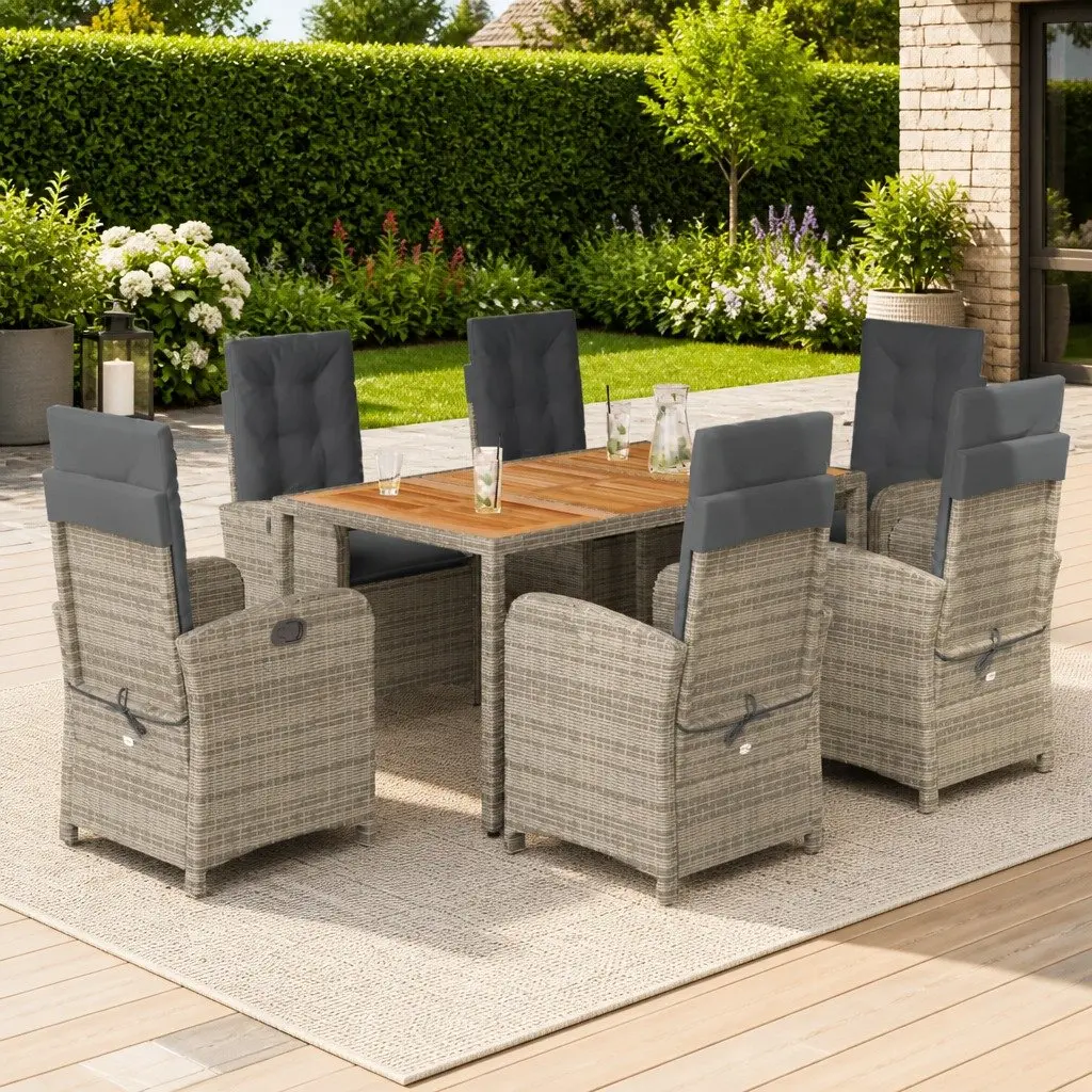 7 Piece Garden Dining Set Grey Poly Rattan Outdoor Furniture Patio Table Chairs