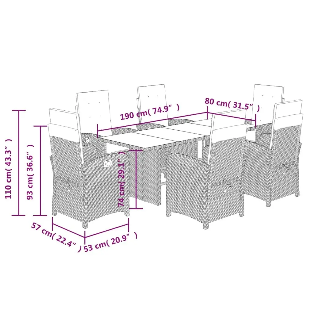 7 Piece Garden Dining Set Black Weather-Resistant Poly Rattan with Cushions and Tempered Glass Tabletop