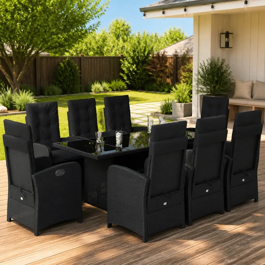 9 Piece Outdoor Dining Set Black Poly Rattan Cushions Tempered Glass Top