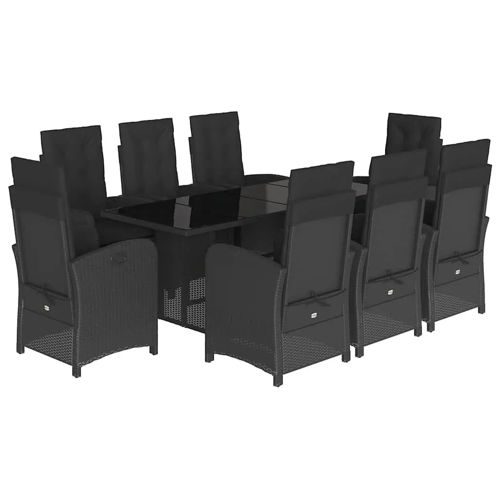 9 Piece Outdoor Dining Set Black Poly Rattan Cushions Tempered Glass Top