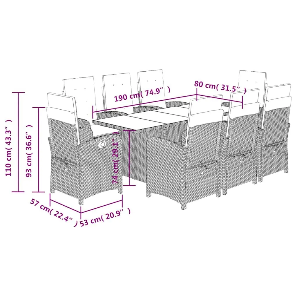 9 Piece Outdoor Dining Set Black Poly Rattan Cushions Tempered Glass Top