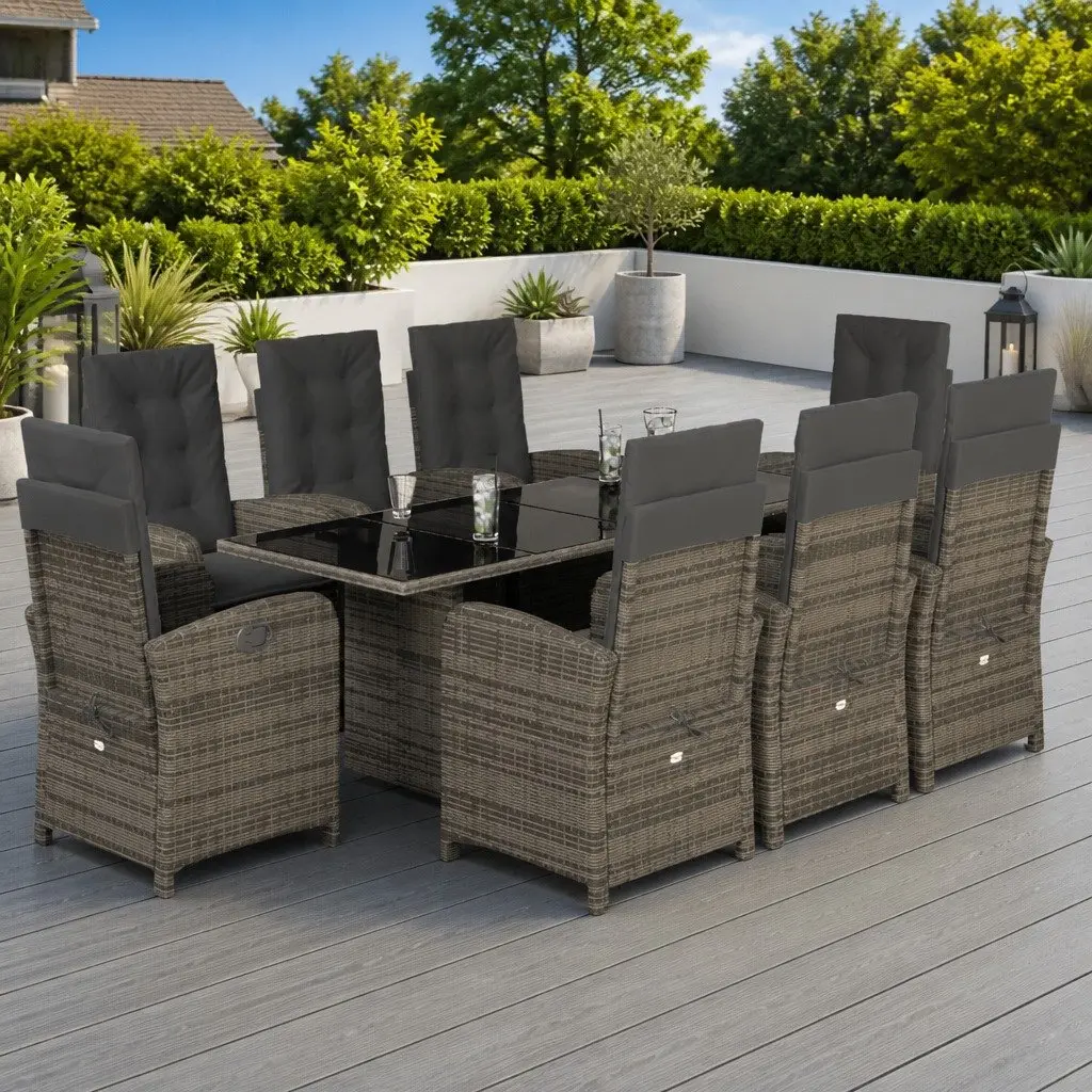 Garden Dining Set 9 Piece Outdoor Furniture Grey Poly Rattan Adjustable Backrest