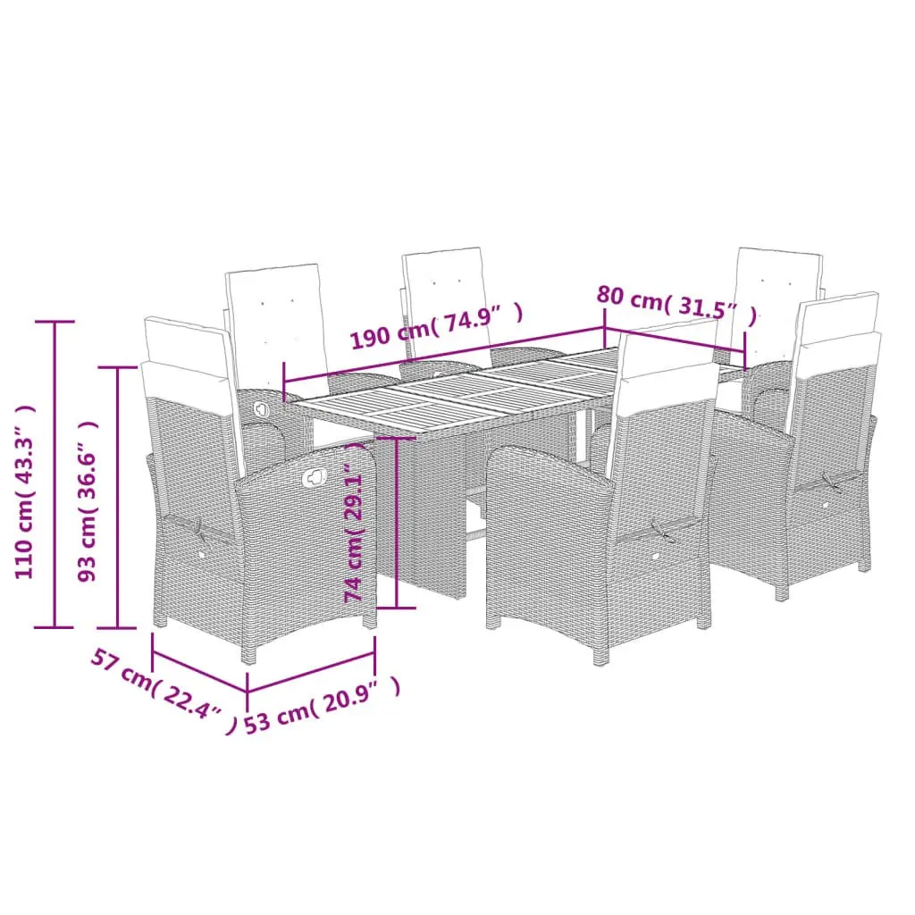 Outdoor Dining Set 7 Piece Black Acacia Wood Table with Folding Rattan Chairs