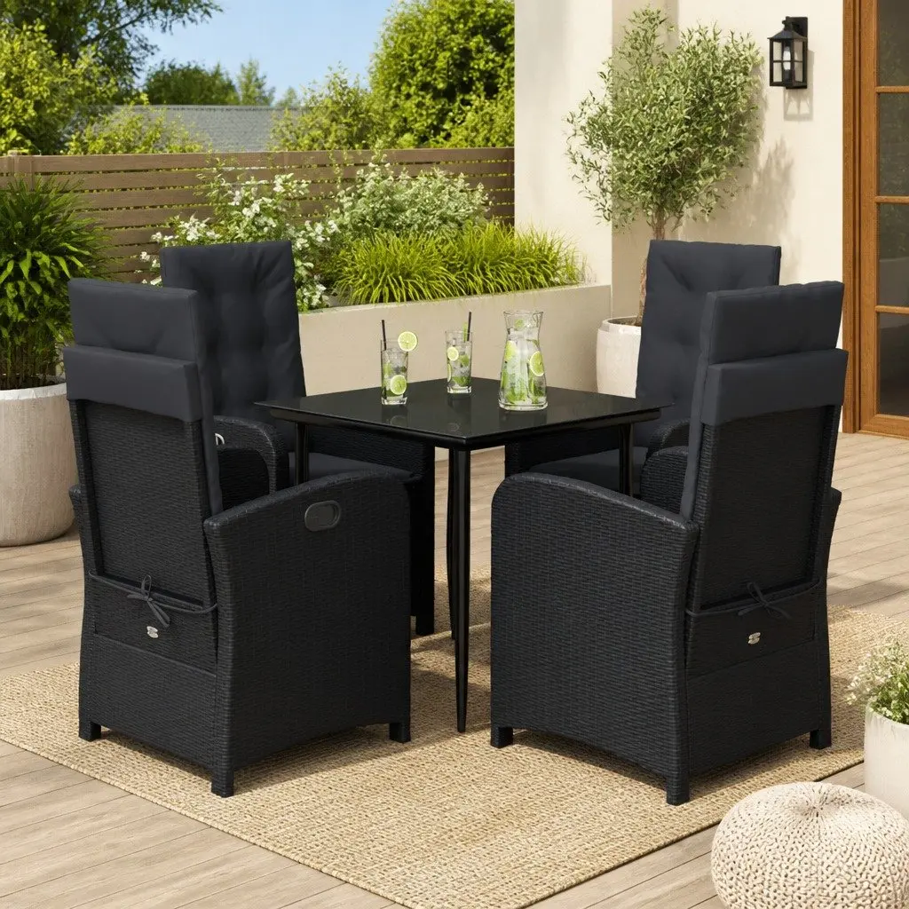 Outdoor Dining Set PE Rattan 5 Piece Adjustable Backrest Cushions